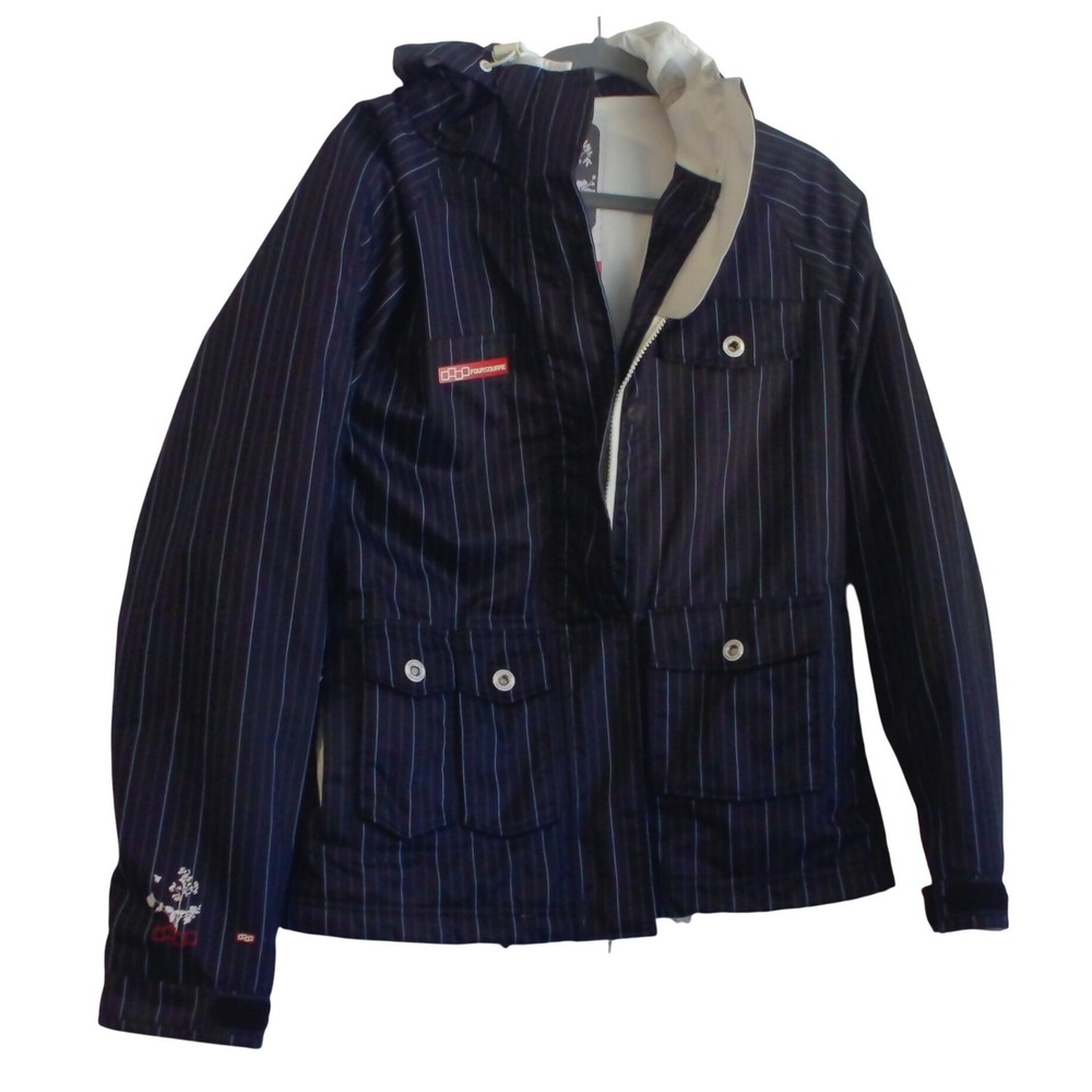 Foursquare 10K Shell System Snowboard Jacket Navy Pinstripe Womens Medium Hooded